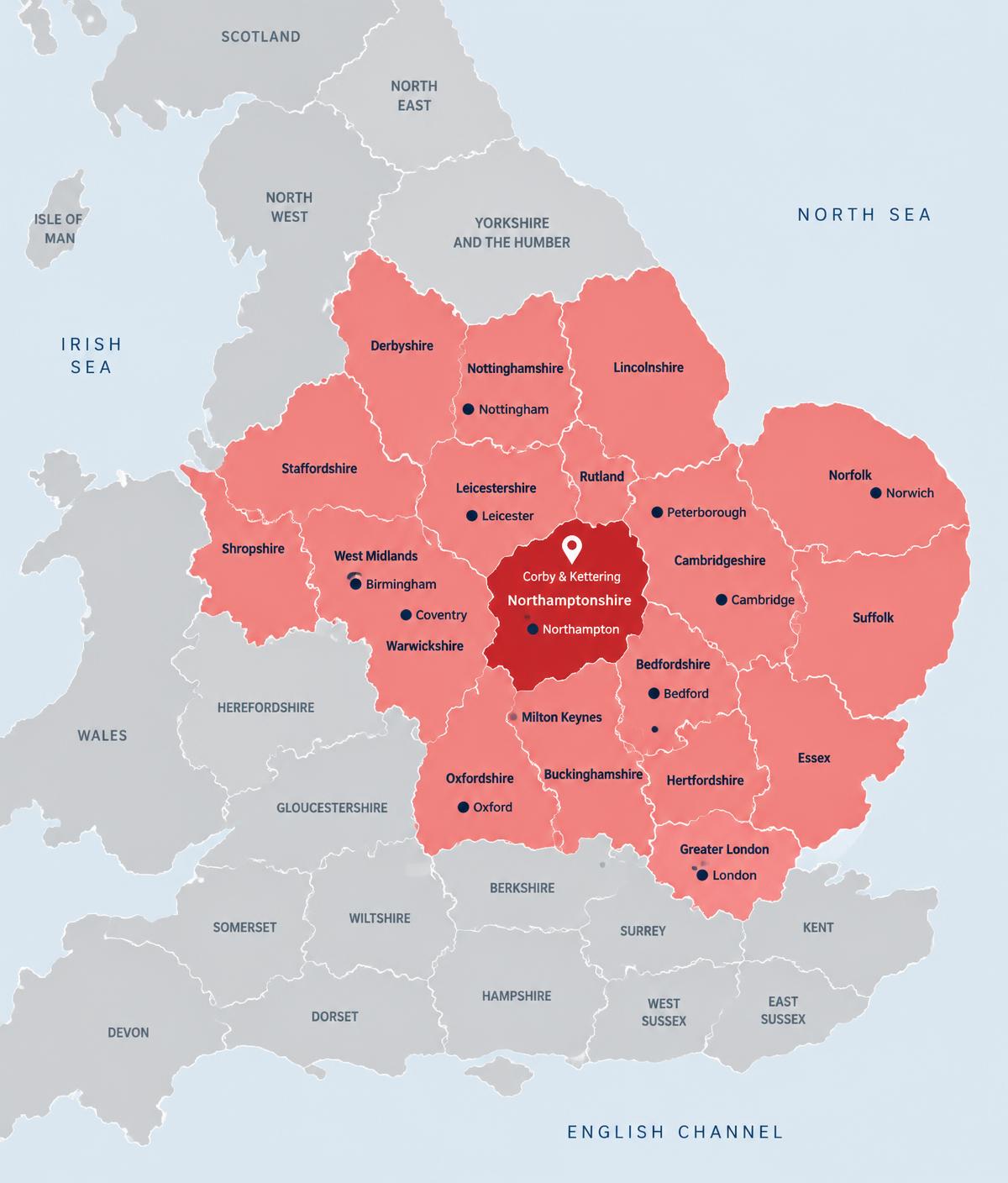 Map of the counties SB Skills 4 Life covers, centred on Northamptonshire