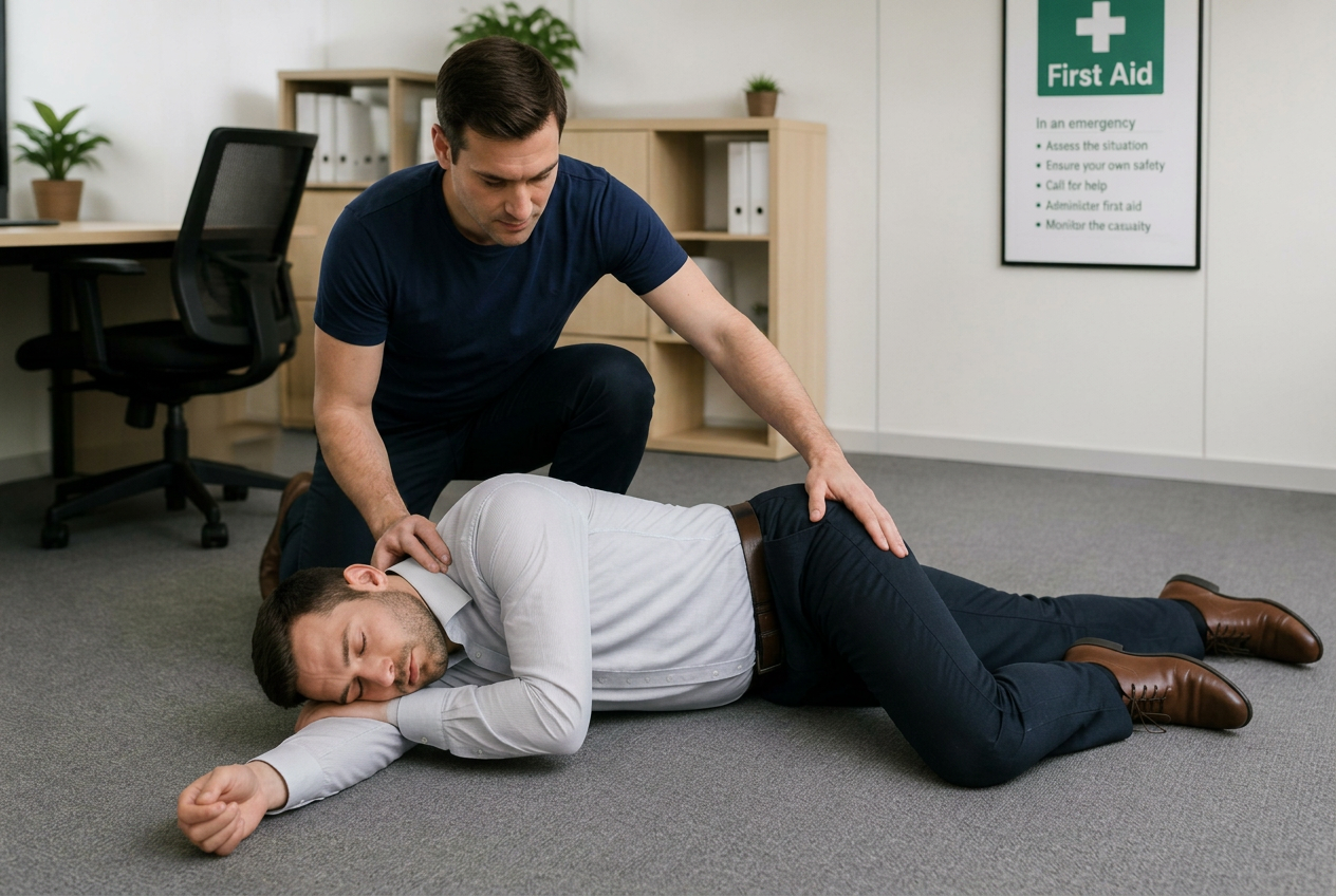 Learner placing casualty in the recovery position in an office